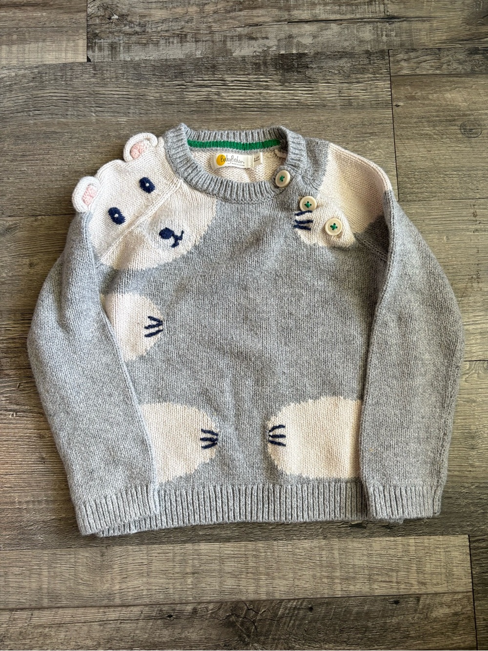 Mini Boden Gray & Cream Bear Knit Sweater with Button Shoulders